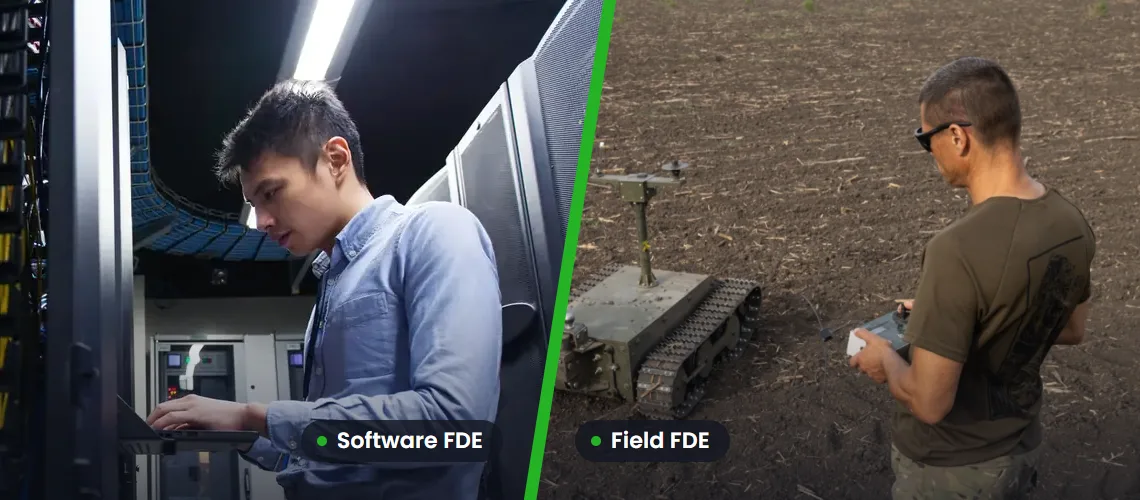 A software engineer at a server rack and an operator testing a tracked ground robot in a field